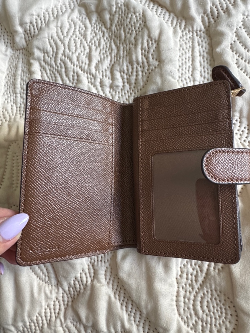 Coach Brown Leather Snap Card Wallet with Gold Logo - Picture 2 of 4